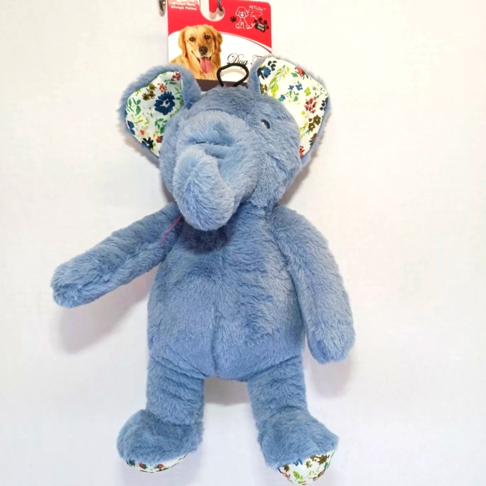 Petlou Plush Crinkle Interactive Stuffed Dog Squeaky Toys - 15" Blue Elephant